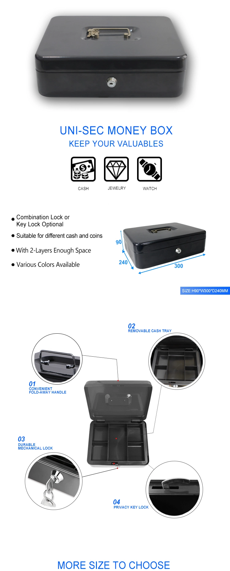 Uni-Sec High Quality Safe Password Type Money Saving Box Lock Metal Cash Box Combination Lock Wholesale From China (CB-30)