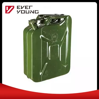 Nicht zugelassener 10-Liter-Kraftstoffkanister aus olivgrünem Metall mit vertikalem Gaskanisterträger